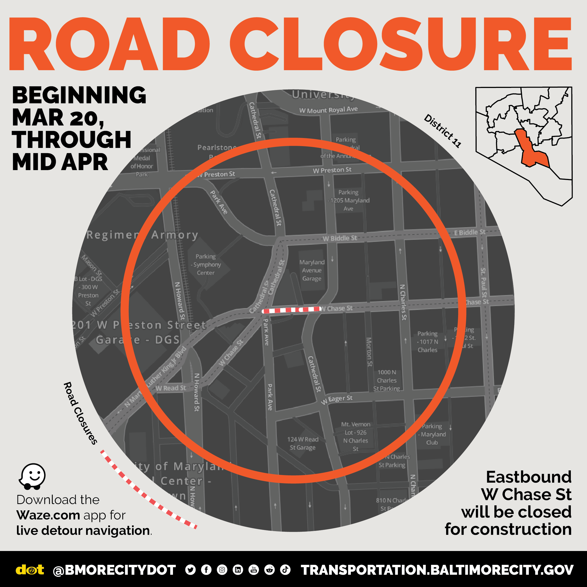 Map of eastbound W. Chase Street closure